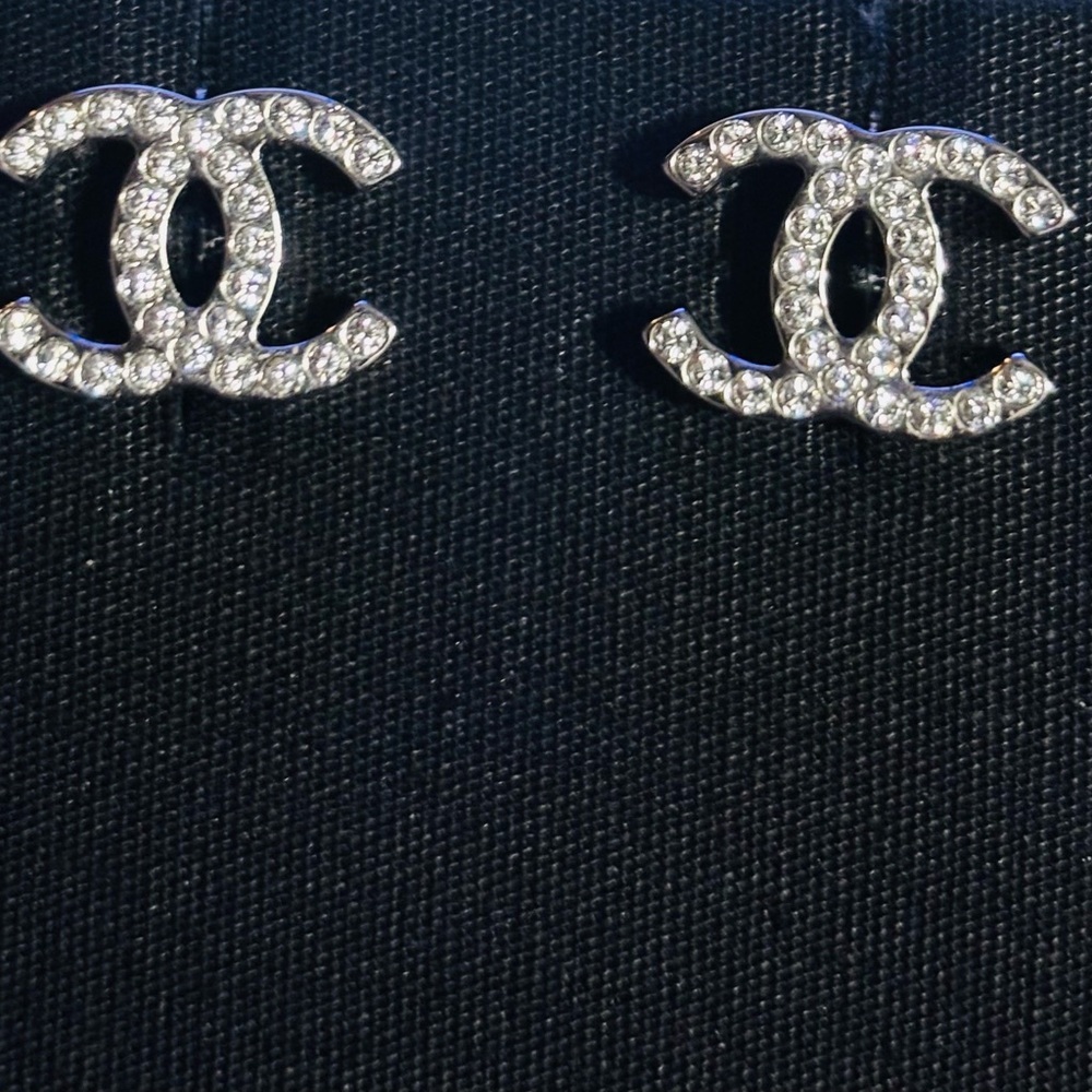 CHANEL Silver Crystal Logo Earrings